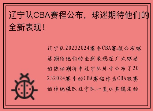 辽宁队CBA赛程公布，球迷期待他们的全新表现！