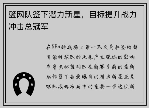 篮网队签下潜力新星，目标提升战力冲击总冠军